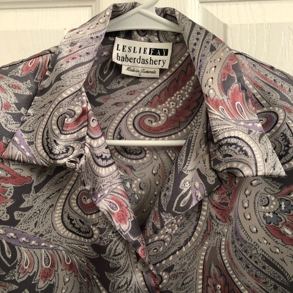 Leslie Fay Haberdashery Vintage Paisley Silver Pink Purple Blouse size 8 - Picture 6 of 6